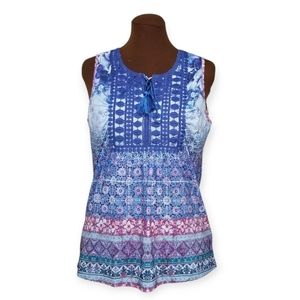 One World Blue Printed Lace Applique Sleeveless Top Woman Size L